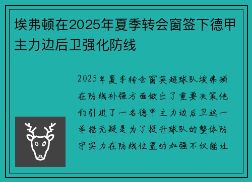 埃弗顿在2025年夏季转会窗签下德甲主力边后卫强化防线 埃弗顿在2025年夏季转会窗签下德甲主力边后卫强化防线